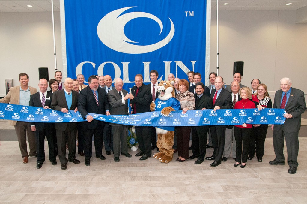 Front row: Larry Wainwright, Collin College trustee; Dr. John Anthony, Collin College president emeritus; Dr. Neil Matkin, district president of Collin College, Dr. Bob Collins, Collin College chair of the board; Dr. Cary Israel, Collin College district president emeritus; Collin Cougar; Collin College trustees Jenny McCall, Adrian Rodriguez, Jim Orr and Mac Hendricks; State Rep. Jodie Laubenberg, Tami Alexander, Frisco Chamber of Commerce; Congressman Sam Johnson. Second row: Michael Puhl, McKinney Chamber of Commerce past chair; McKinney City Council members Tracy Rath and Chuck Branch; Keith Self, Collin County judge; Ray Smith, Prosper mayor; Andy Hardin, Collin College trustee; State Rep. Jeff Leach; Tony Felker, Frisco Chamber of Commerce president; Ben Harris, Plano City Council; Jorge Serrano, PBK. Back row: Ben Pogue, Pogue Construction; Shep Stahel, Collin College Foundation; Bill Cox, Collin College Foundation; Joel Martin, Pogue Construction; Doug Cargo, Collin College trustee emeritus; Dan Boggio, PBK. Photo by Nick Young, Collin College photographer